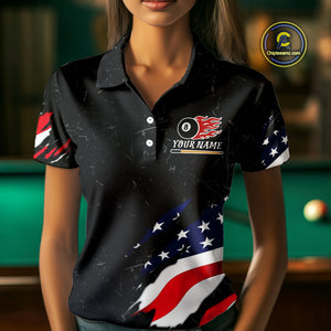 Personalized Black Grunge American Flag Billiard Shirt For Women Custom Patriotic 8 Ball Pool Jersey TDM4757