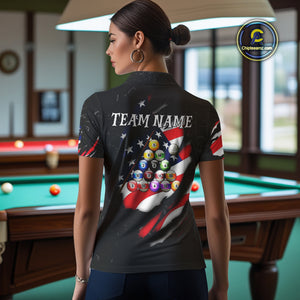 Personalized Black Grunge American Flag Billiard Shirt For Women Custom Patriotic 8 Ball Pool Jersey TDM4757