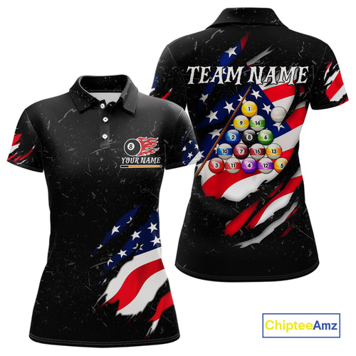 Personalized Black Grunge American Flag Billiard Shirt For Women Custom Patriotic 8 Ball Pool Jersey TDM4757