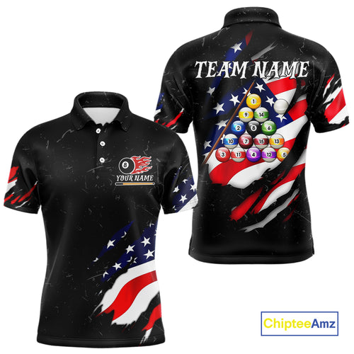Personalized Black Grunge American Flag Billiard Shirt For Men Custom Patriotic 8 Ball Pool Jersey TDM4757