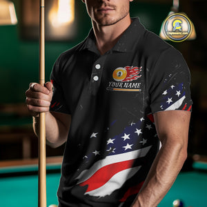 Personalized Patriotic 9 Ball Billiard Shirt For Men Custom Black Grunge American Flag Pool Jersey TDM4758