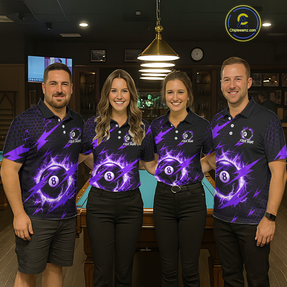 Pool team wearing matching purple 8 ball thunder lightning billiard jerseys during tournament competition front view.