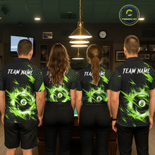 Load image into Gallery viewer, Back view of pool players wearing matching green lightning billiard shirts in a game room.