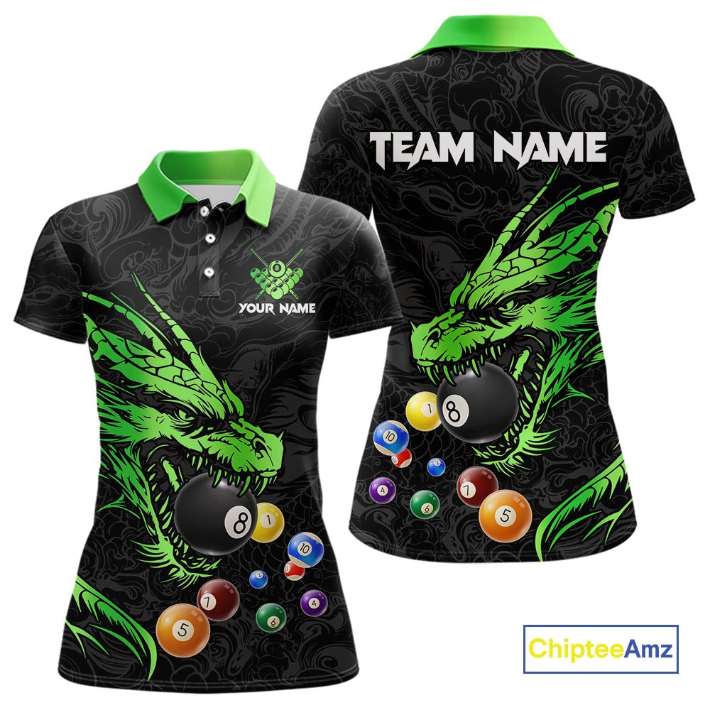 Personalized Green Black 3D Dragon Billiard Balls Pool Shirt For Women, Billiard League Team Jersey TDM4341
