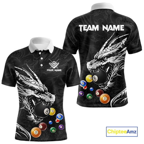 Personalized White Black 3D Dragon Billiard Balls Pool Shirt For Men, Billiard League Team Jersey TDM4342