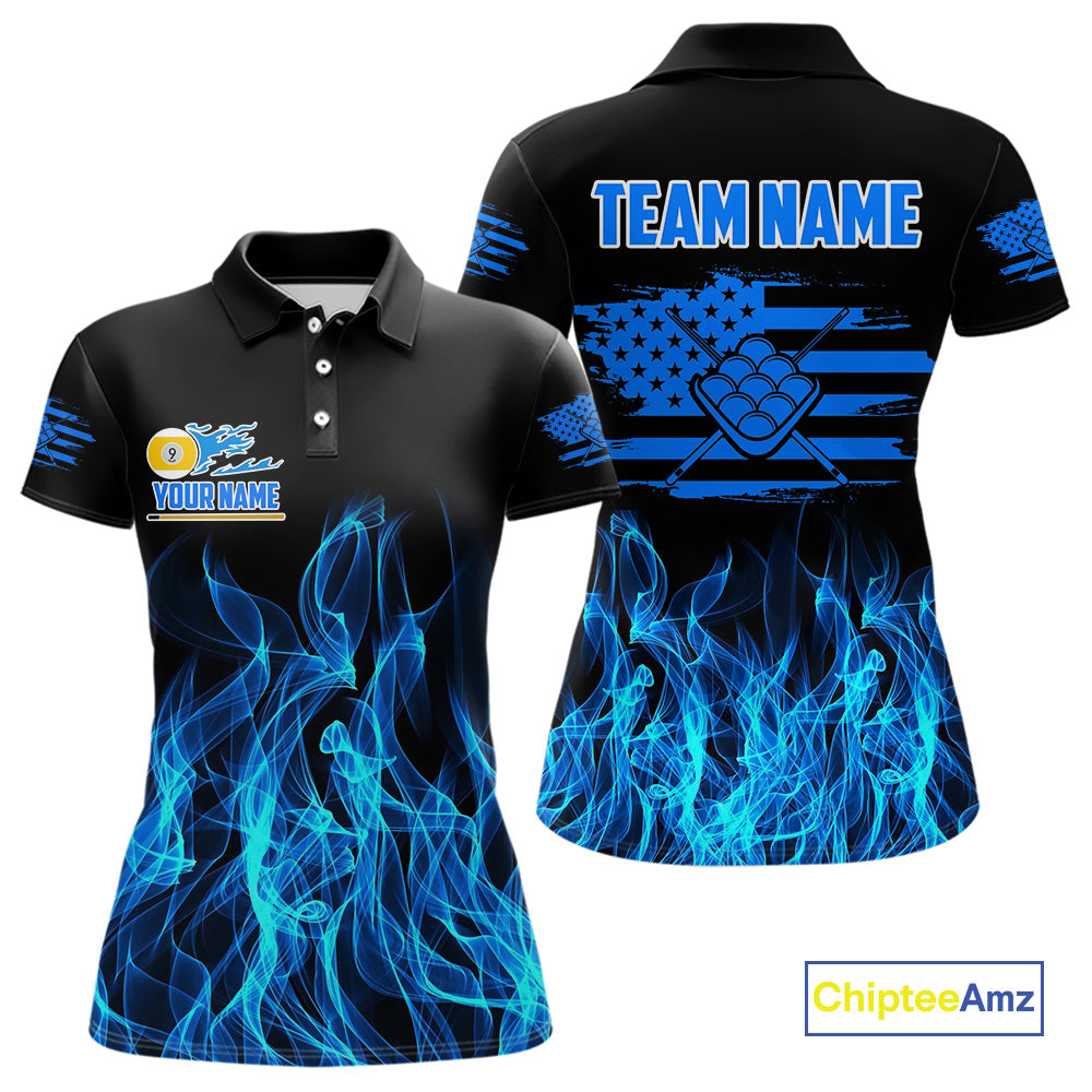 Blue Flaming US Flag 9 Ball Billiard Shirt For Women Custom Patriotic Pool Player Team Jersey TDM4547