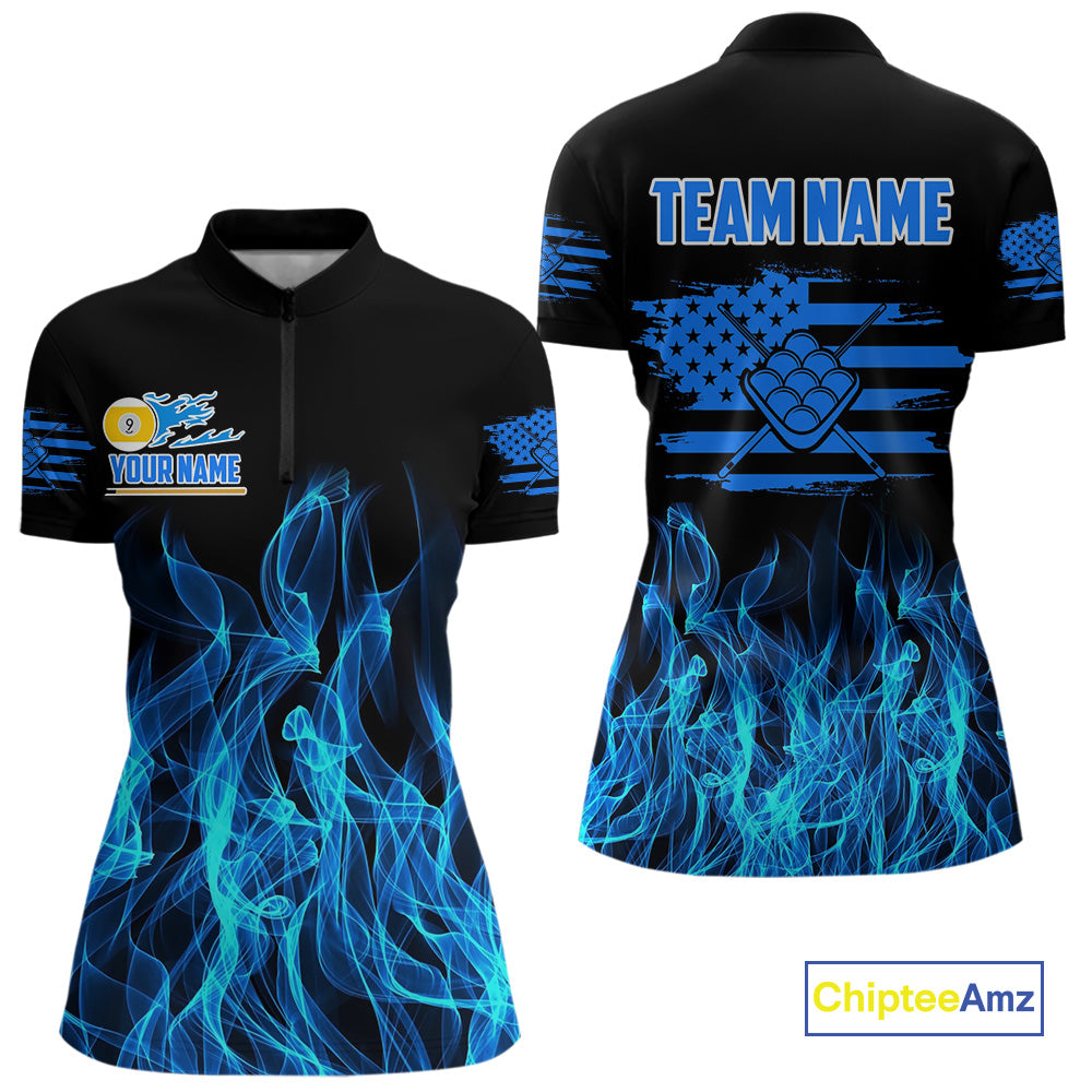 Blue Flaming US Flag 9 Ball Billiard Shirt For Women Custom Patriotic Pool Player Team Jersey TDM4547