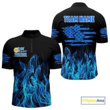 Load image into Gallery viewer, Blue Flaming US Flag 9 Ball Billiard Shirt For Men Custom Patriotic Pool Player Team Jersey TDM4547