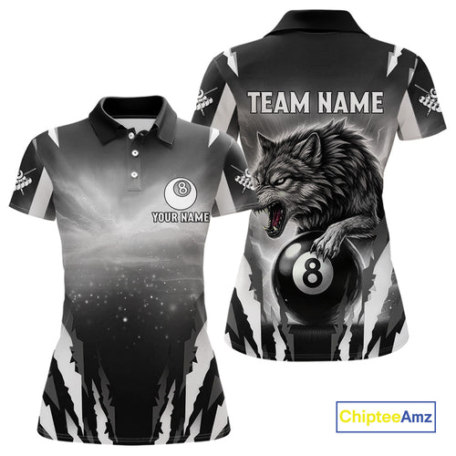 Personalized Thunder Lightning Wolf Billiard Shirt For Women, 8 Ball Billiard Team Jerseys |Grey TDM4550