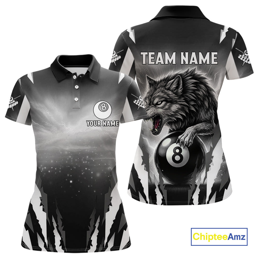 Personalized Thunder Lightning Wolf Billiard Shirt For Women, 8 Ball Billiard Team Jerseys |Grey TDM4550