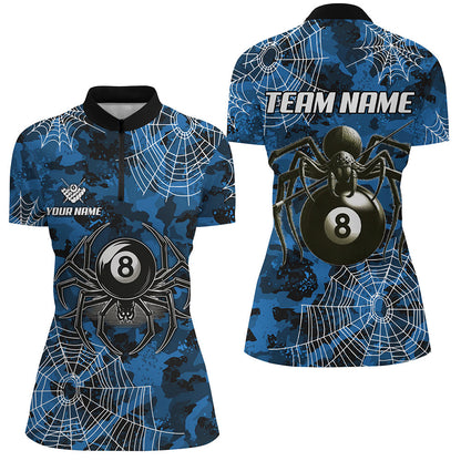 Blue Camo Billiard Spider Cobweb Custom Women Polo & Quarter-Zip Shirts, Unique 8 Ball Pool Jerseys TDM2459