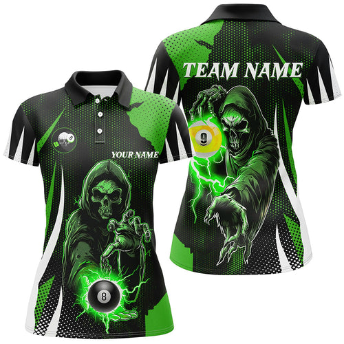 Funny Green Death Skeleton 8 Ball & 9 Ball Billiard Shirts For Women Custom League Billiard Jerseys TDM2463