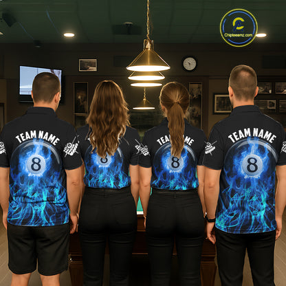 Blue Flaming 8 Ball Billiard Polo & 1/4 Zip For Women Custom Billiard Jersey, Pool Team Shirts TDM5431