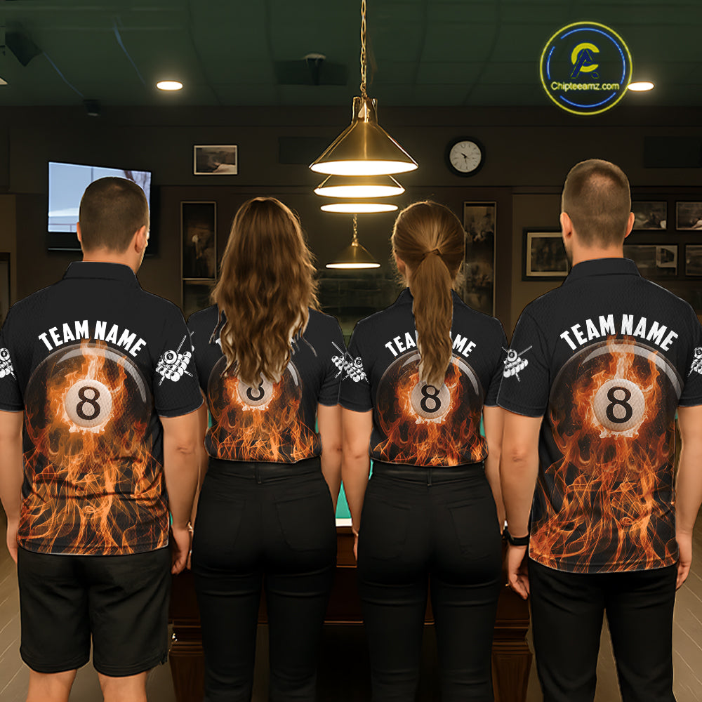 Orange Flaming 8 Ball Billiard Polo & 1/4 Zip For Men Custom Billiard Jersey, Pool Team Shirts TDM5432