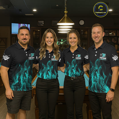 Turquoise Flaming 8 Ball Billiard Polo & 1/4 Zip For Men Custom Billiard Jersey, Pool Team Shirts TDM5433
