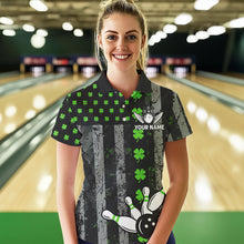 Load image into Gallery viewer, Green Shamrock Grunge US Flag Patriotic Bowling Shirts For Women Custom St Patrick Day Bowling Jersey TDM3545