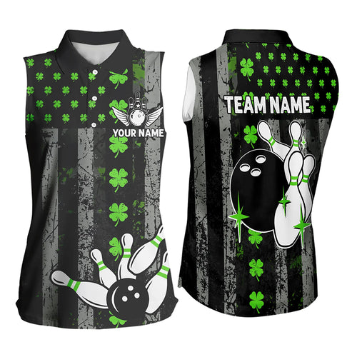Green Shamrock US Flag Patriotic Bowling Sleeveless Polo Shirts Custom St Patrick Day Bowling Jersey TDM3545