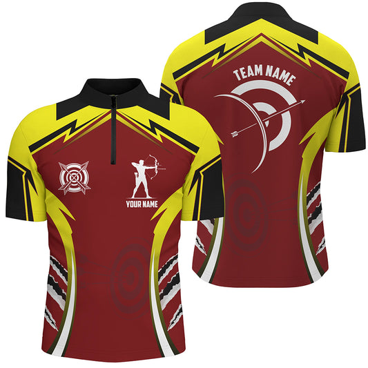 Personalized Red Yellow Archery Games Tournament Men Quarter-Zip Shirts, Archery Jerseys TDM1422