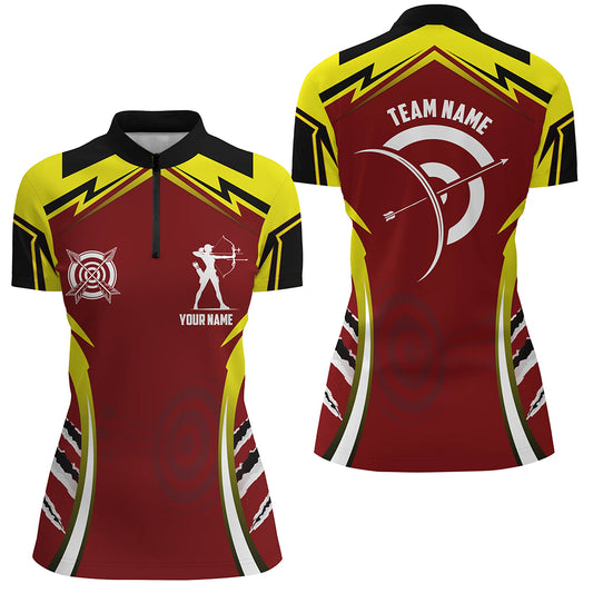 Personalized Red Yellow Archery Games Tournament Women Quarter-Zip Shirts, Archery Jerseys TDM1422