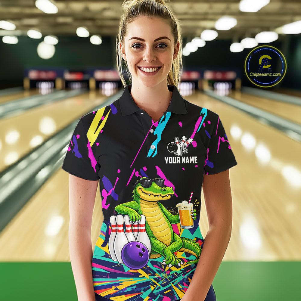 Colorful Bowling Jersey Funny Alligator Bowling Polo & 1/4 Zip For Women Custom Bowling Team Shirts TDM6491