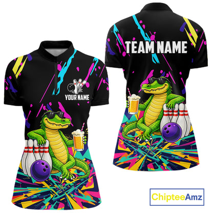 Colorful Bowling Jersey Funny Alligator Bowling Polo & 1/4 Zip For Women Custom Bowling Team Shirts TDM6491