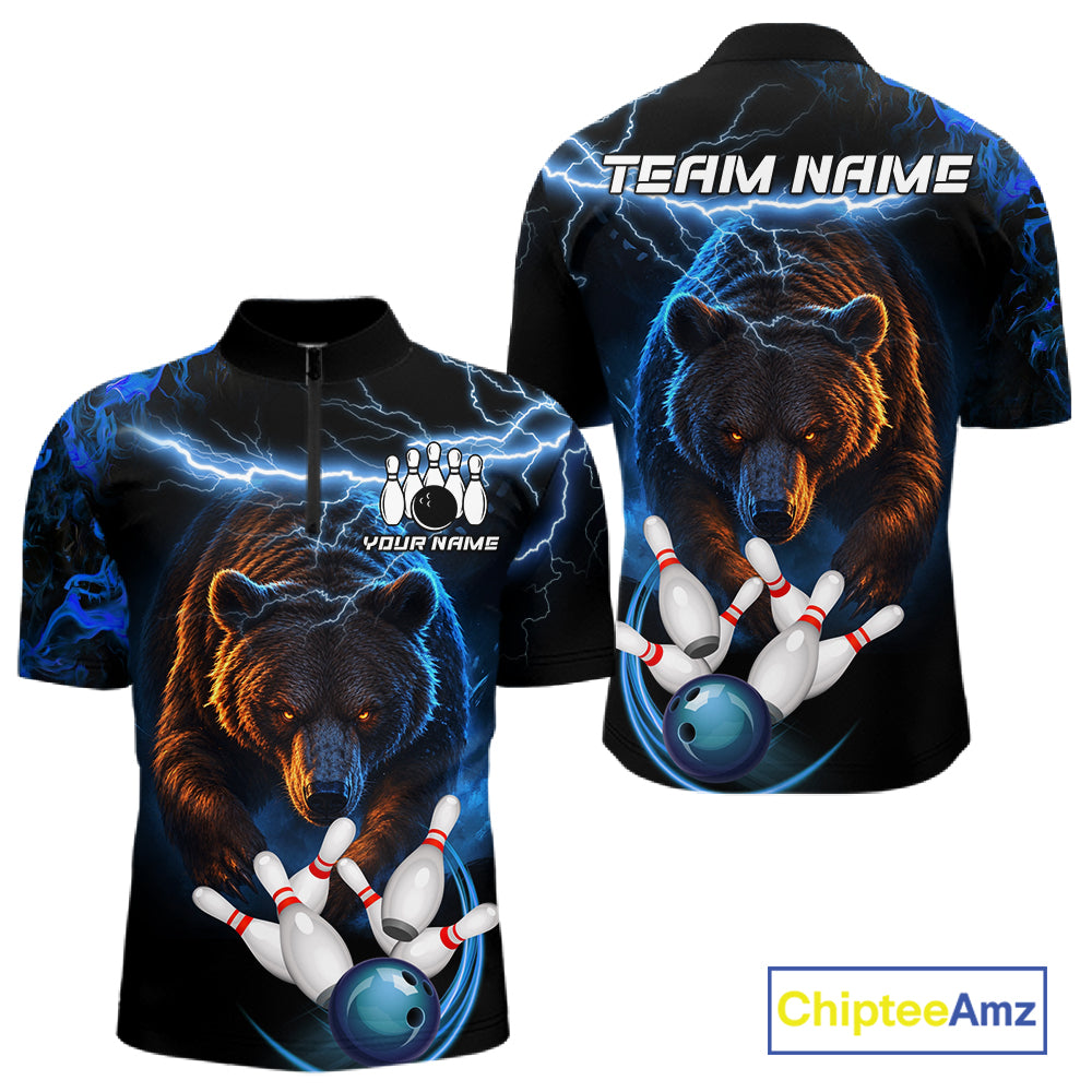Personalized Blue Lightning Thunder Bear Bowling Shirts For Men Custom Bowling League Team Jersey TDM7218