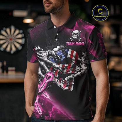 Fire Flame Darts Board American Flag Skull Dart Shirts For Men Custom Darts Team Jerseys |Pink TDM4774