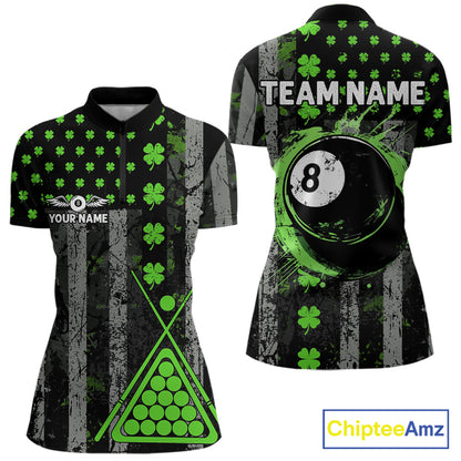 Green Grunge US Flag Luckiest Shamrock Billiard Shirt For Women Custom St Patrick Day Pool Jersey TDM5710