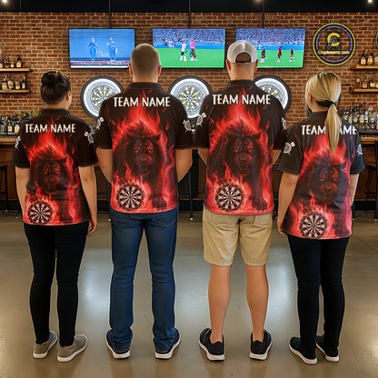 Red Flaming Lion Darts Shirts For Men Custom Fire Darts League Jersey Team Polo & 1/4 Zip TDM6065