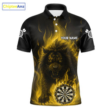 Load image into Gallery viewer, Yellow Flaming Lion Darts Shirts For Men Custom Fire Darts League Jersey Team Polo &amp; 1/4 Zip TDM6066