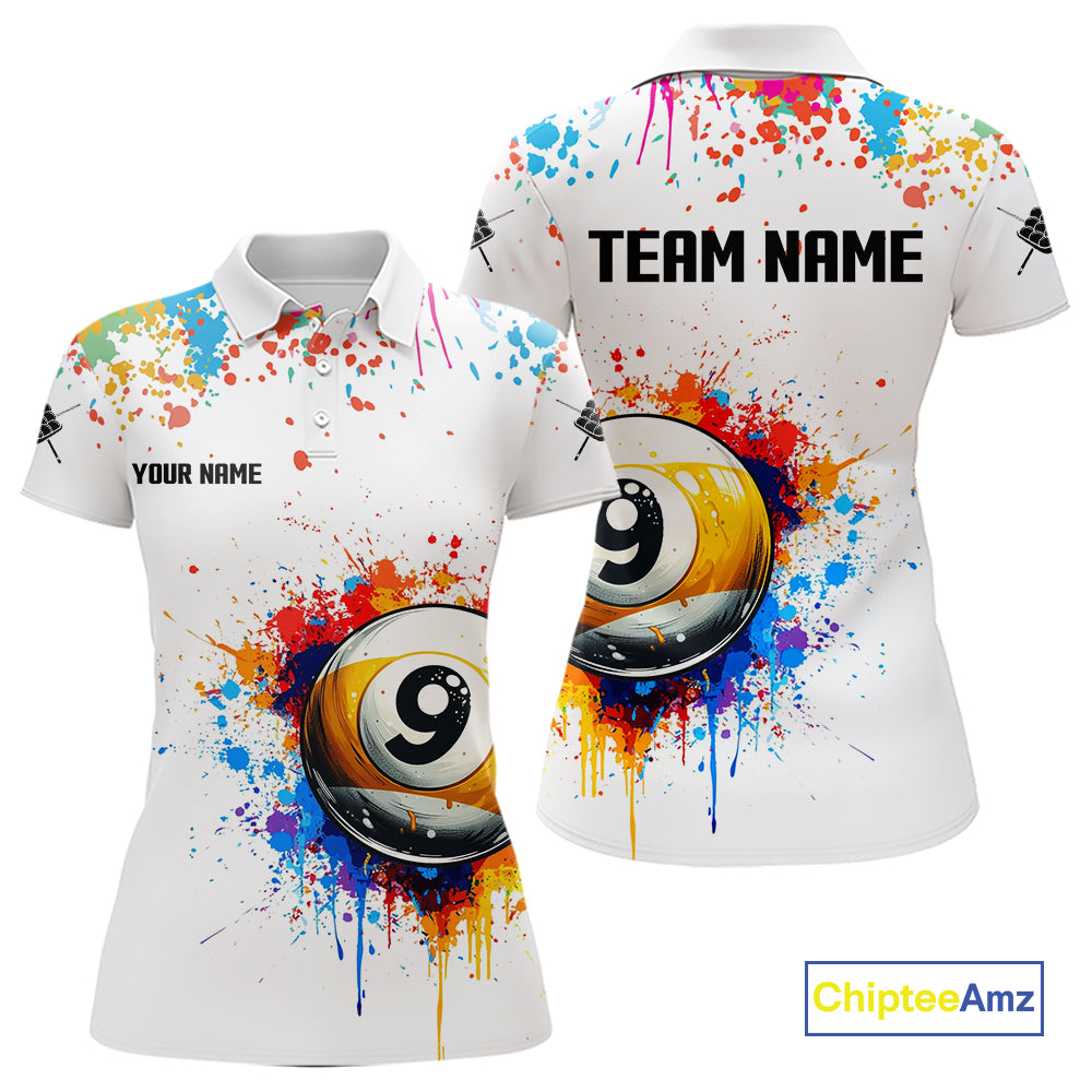 Funny 9 Ball Pool Colorful Paint Splash Custom Billiard Shirt For Women, Billiard Team Jersey|White TDM3977