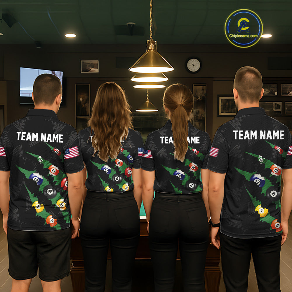 Personalized Scratch Black 8 Ball Billiard Shirt For Women, Pool Team Jersey Polo 1/4 Zip |Green TDM6070