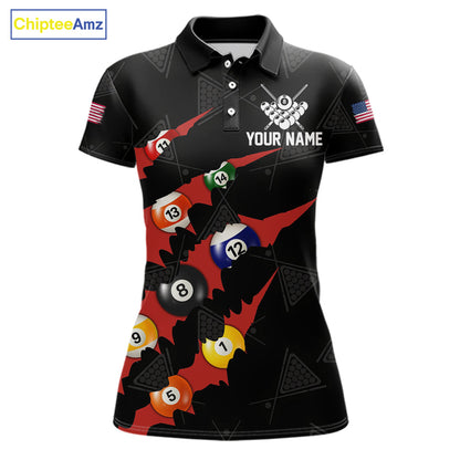 Personalized Scratch Black 8 Ball Billiard Shirt For Women, Pool Team Jersey Polo 1/4 Zip |Red TDM6072