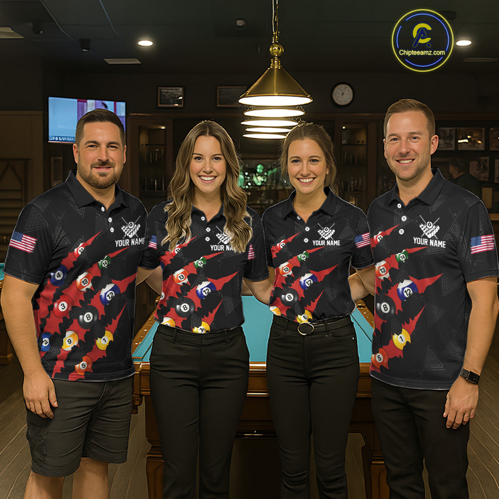 Personalized Scratch Black 8 Ball Billiard Shirt For Women, Pool Team Jersey Polo 1/4 Zip |Red TDM6072