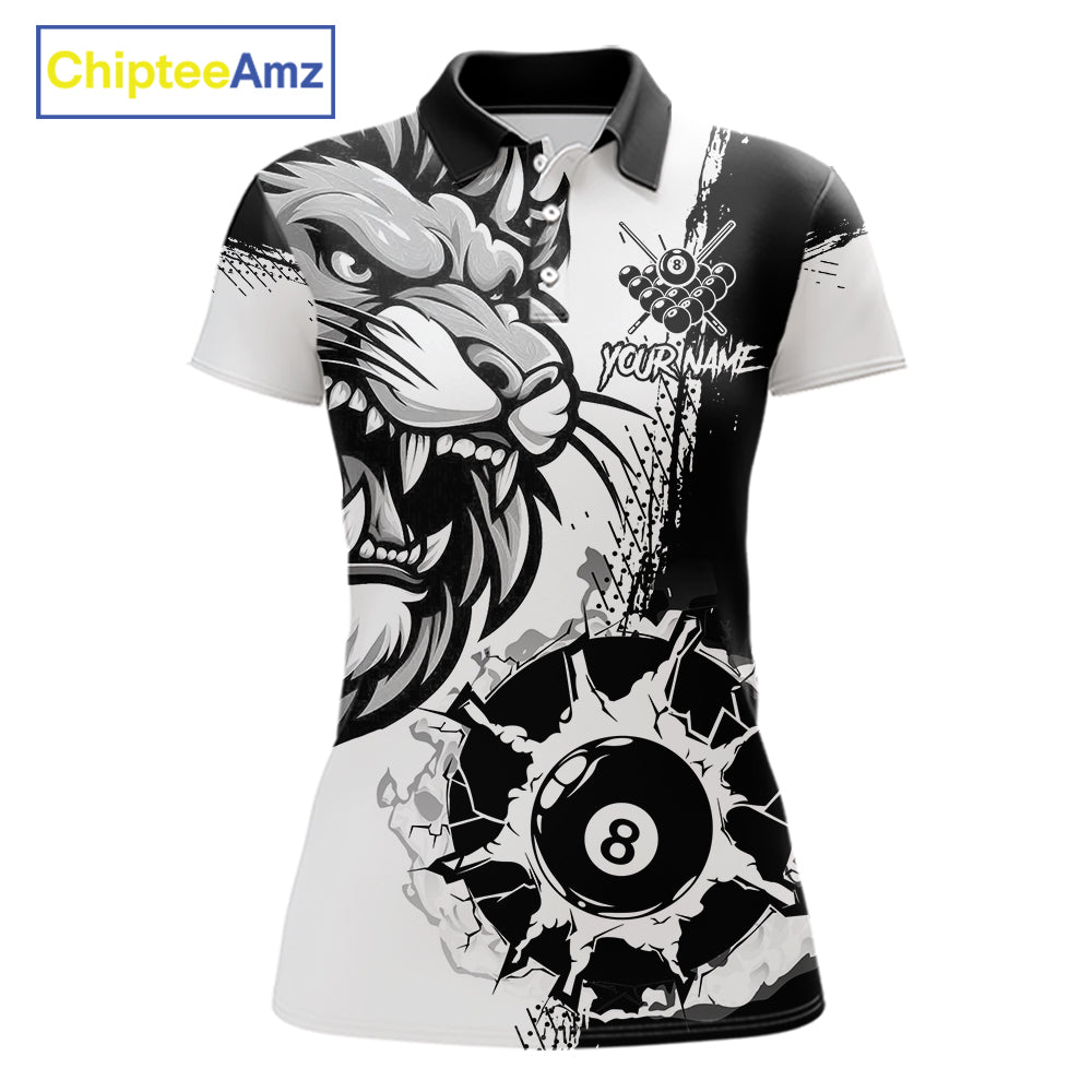 Black And White Funny Lion Billiard Shirt For Women Custom 8 Ball Pool Team Jersey Polo & 1/4 Zip TDM6321