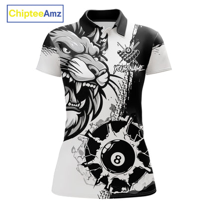 Black And White Funny Lion Billiard Shirt For Women Custom 8 Ball Pool Team Jersey Polo & 1/4 Zip TDM6321