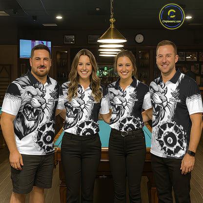 Black And White Funny Lion Billiard Shirt For Men Custom 8 Ball Pool Team Jersey Polo & 1/4 Zip TDM6321