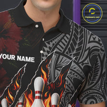 Load image into Gallery viewer, Personalized Hibiscus Flower Flame Bowling Shirt For Men, Tribal Bowling Team Jersey Polo, 1/4 Zip TDM6501