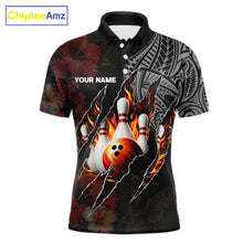 Load image into Gallery viewer, Personalized Hibiscus Flower Flame Bowling Shirt For Men, Tribal Bowling Team Jersey Polo, 1/4 Zip TDM6501