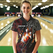 Load image into Gallery viewer, Personalized Hibiscus Flower Flame Bowling Shirt For Women, Tribal Bowling Team Jersey Polo, 1/4 Zip TDM6501