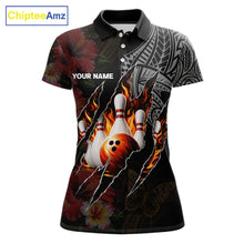 Load image into Gallery viewer, Personalized Hibiscus Flower Flame Bowling Shirt For Women, Tribal Bowling Team Jersey Polo, 1/4 Zip TDM6501