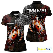 Load image into Gallery viewer, Personalized Hibiscus Flower Flame Bowling Shirt For Women, Tribal Bowling Team Jersey Polo, 1/4 Zip TDM6501
