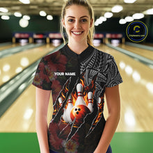 Load image into Gallery viewer, Personalized Hibiscus Flower Flame Bowling Shirt For Women, Tribal Bowling Team Jersey Polo, 1/4 Zip TDM6501