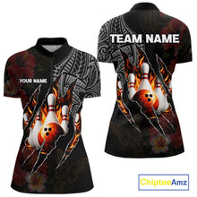 Load image into Gallery viewer, Personalized Hibiscus Flower Flame Bowling Shirt For Women, Tribal Bowling Team Jersey Polo, 1/4 Zip TDM6501