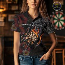 Load image into Gallery viewer, Personalized Hibiscus Flower Flame Darts Shirt For Women, Tribal Darts Team Jersey Polo &amp; 1/4 Zip TDM6502