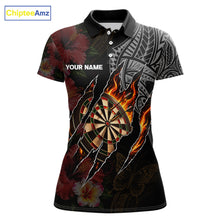 Load image into Gallery viewer, Personalized Hibiscus Flower Flame Darts Shirt For Women, Tribal Darts Team Jersey Polo &amp; 1/4 Zip TDM6502