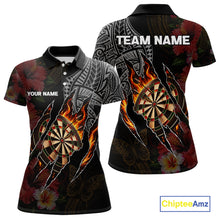 Load image into Gallery viewer, Personalized Hibiscus Flower Flame Darts Shirt For Women, Tribal Darts Team Jersey Polo &amp; 1/4 Zip TDM6502