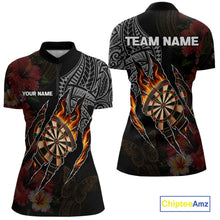 Load image into Gallery viewer, Personalized Hibiscus Flower Flame Darts Shirt For Women, Tribal Darts Team Jersey Polo &amp; 1/4 Zip TDM6502