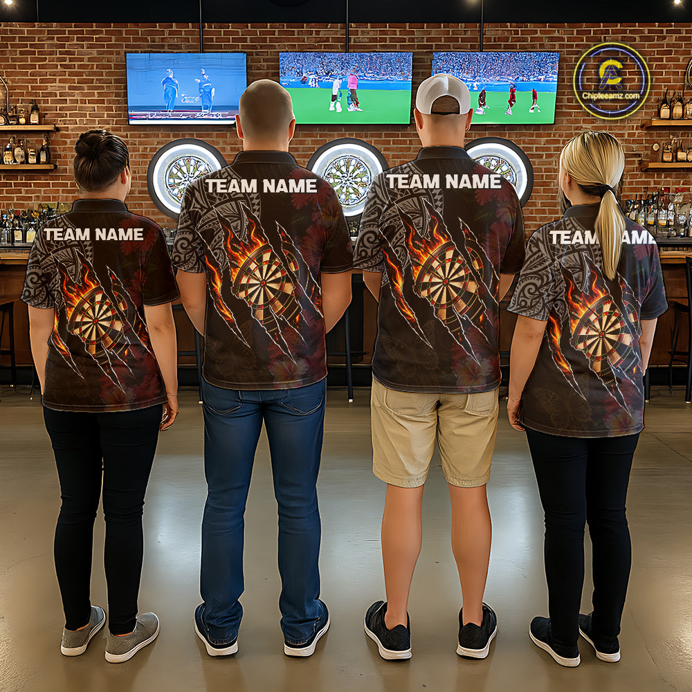Personalized Hibiscus Flower Flame Darts Shirt For Women, Tribal Darts Team Jersey Polo & 1/4 Zip TDM6502