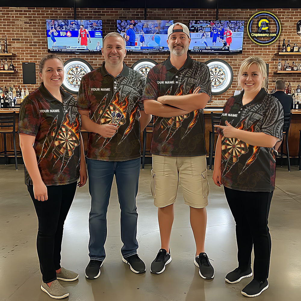 Personalized Hibiscus Flower Flame Darts Shirt For Women, Tribal Darts Team Jersey Polo & 1/4 Zip TDM6502